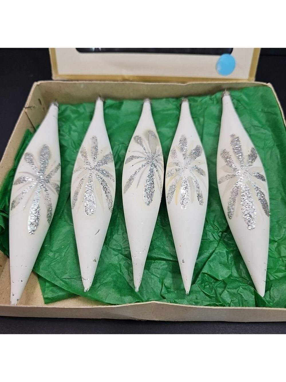 Christmas Ornaments Teardrop Oblong Baubles SEARS White Vintage Poland Rare